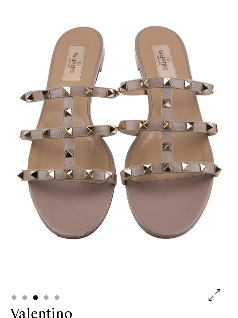 9.5 Valentino Rockstud Triple-Strap Slide Sandals in Taupe